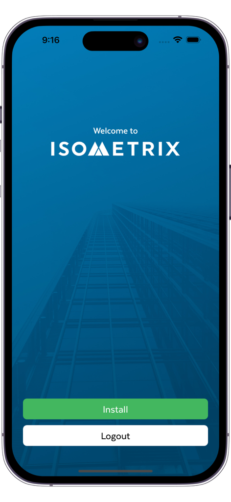The IsoMetrix mobile app welcome screen displaying the company logo with install and logout buttons.