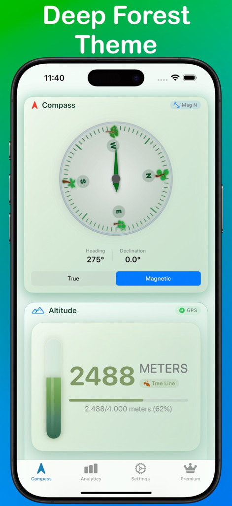 TrueNorth: Compass, Altimeter - TrueNorth navigation app showing a magnetic compass and altimeter with a Deep Forest green theme.