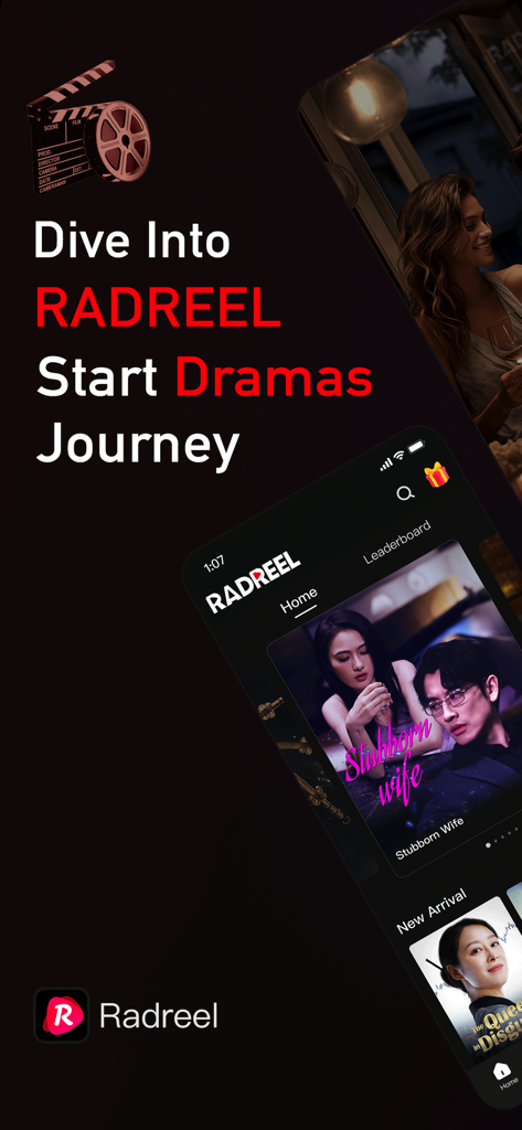 RadReel - RadReel app interface showing a promotional screen for short drama series like Stubborn Wife