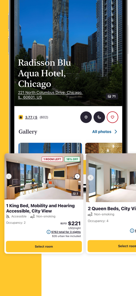 시카고의 래디슨 블루 아쿠아 호텔 객실 옵션과 가격을 보여주는 초이스 호텔 앱 인터페이스