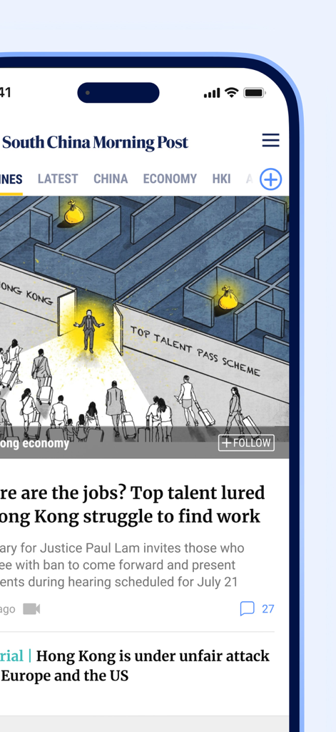 South China Morning Post: News - South China Morning Post mobile app showing a news article about the Hong Kong economy and job market.