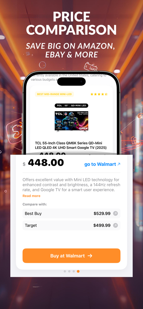 Lynxi: AI Shopping Assistant - Lynxi AI Shopping Assistant showing price comparison for a smart TV across different retailers