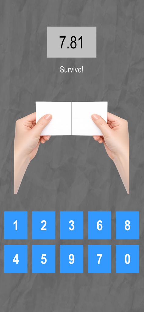 Number Challenge: Brain Game - 타이머와 숫자 버튼이 있는 생존 챌린지를 보여주는 미니멀리스트 모바일 게임 화면.