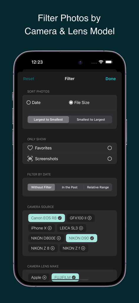 Photos Search by Fluntro - Pantalla de filtro avanzado en la aplicación Photos Search que muestra opciones para ordenar por modelo de cámara y marca de lente