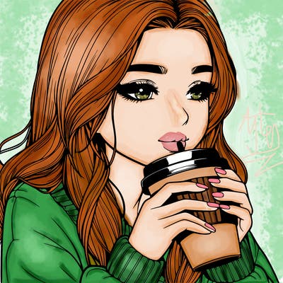 realistic girl drinking coffee