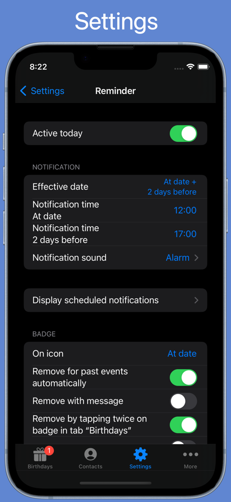 Reminder settings screen in BirthdaysPro HD app for customizing birthday notifications and badges