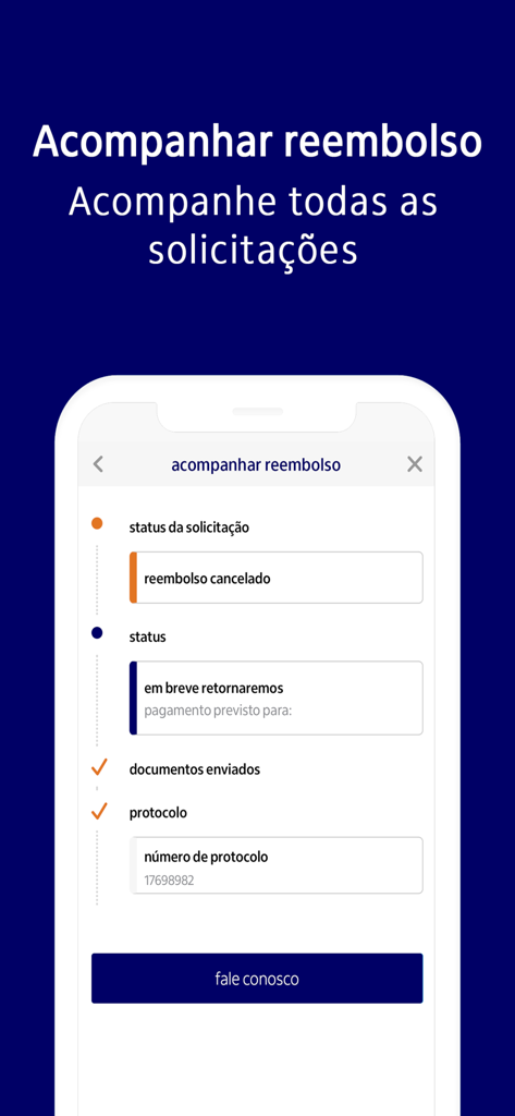 Itaú Saúde - Tela do aplicativo Itaú Saúde mostrando o status de uma solicitação de reembolso médico