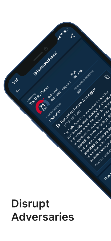 Recorded Future - Recorded Future mobile App, die den Risikowert des Unternehmens und KI-Einblicke anzeigt