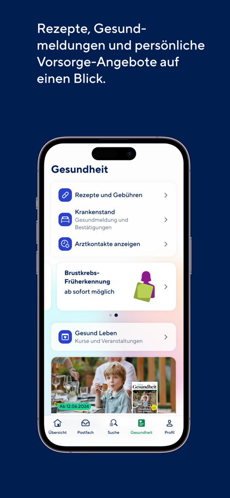Der Übersichts-Bildschirm der Meine ÖGK App mit Optionen für Rezepte, Krankenstandsmeldungen und Vorsorgeprogramme.