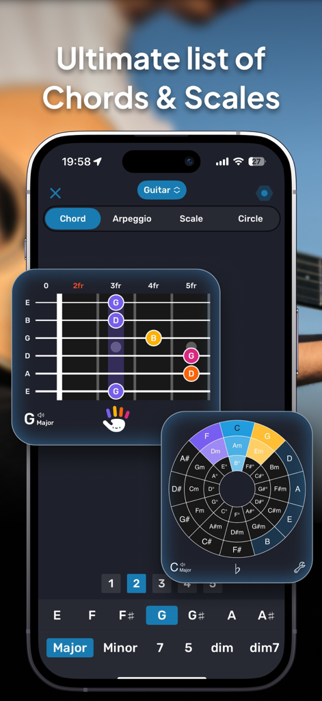 SoundBase ° Music Hearmark - Pantalla de smartphone que muestra un diagrama de acordes de guitarra y un círculo de quintas en la app SoundBase