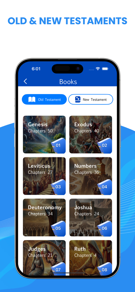 A list of Old Testament books in the NLT Bible mobile app.
