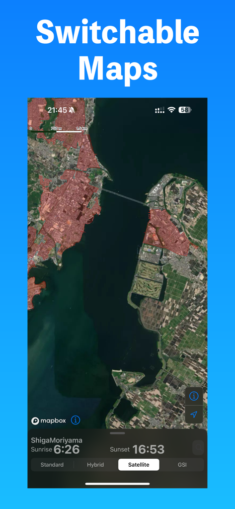 Satellite map view of Drone Maps Japan showing restricted flight areas and sunset times