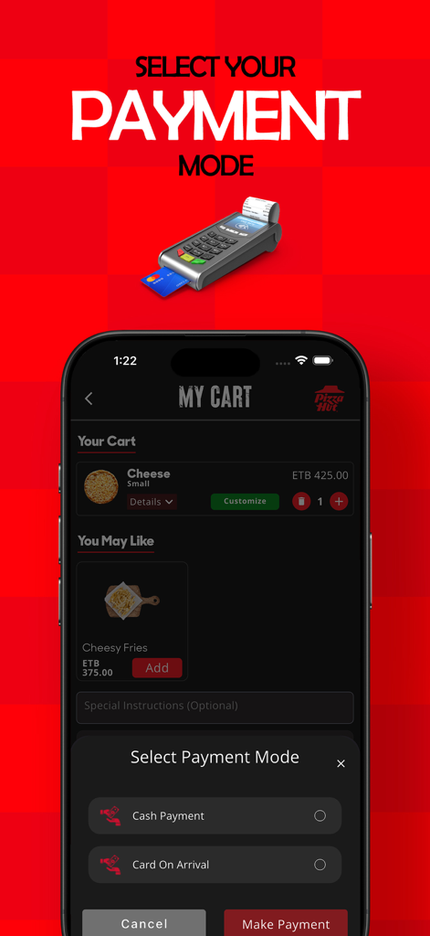 Pizza Hut Ethiopia - Select payment mode screen on Pizza Hut Ethiopia mobile app with cash and card options