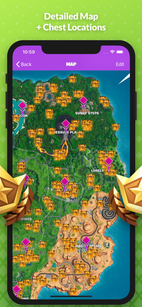 Detailed Fortnite map with chest locations marked for gameplay strategy.