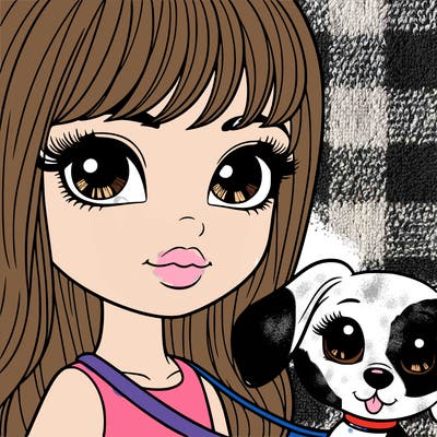 a girl walking a dog the little girl has beautiful caramel auburn eyes with long brown hair.she has bangs most perfect nose and the most perfect lips