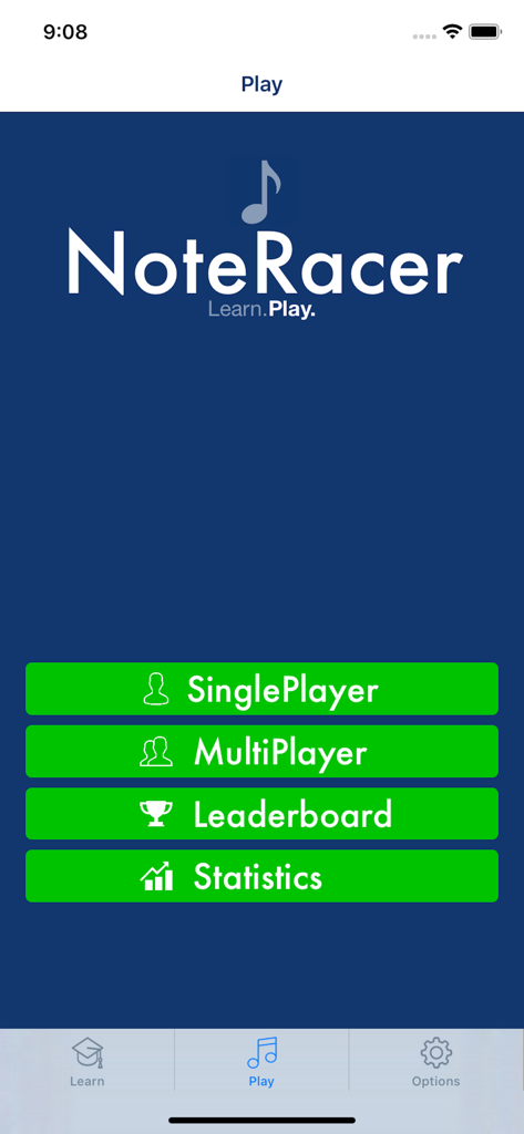 Main menu of NoteRacer app showing singleplayer and multiplayer game modes for music note reading