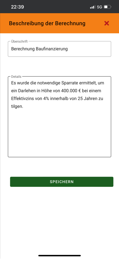 Summary screen of a mortgage financing calculation in the DOC%ZINS app showing loan details and a save button.
