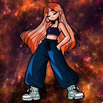girl in baggy pants crop top and long hair