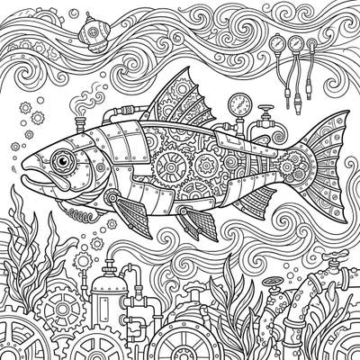 Embark on an extraordinary coloring adventure with this unique Steampunk Salmon design, blending marine life with intricate Victorian-era machinery. This highly detailed adult coloring page offers a captivating challenge for artists seeking mindfulness and creative expression.