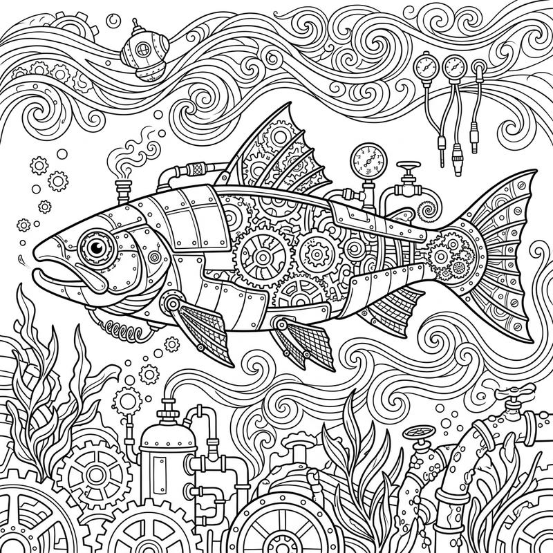 Embark on an extraordinary coloring adventure with this unique Steampunk Salmon design, blending marine life with intricate Victorian-era machinery. This highly detailed adult coloring page offers a captivating challenge for artists seeking mindfulness and creative expression.