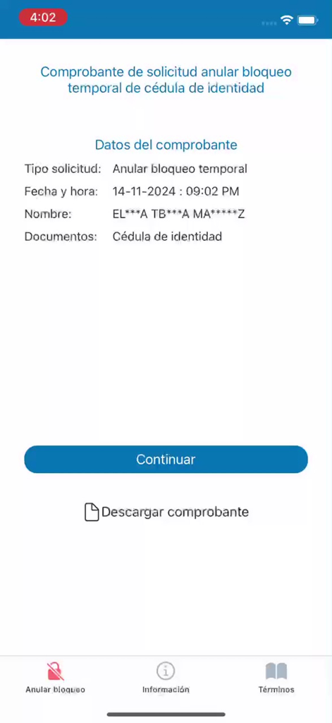 CedulApp - Receipt screen in CedulApp for canceling a temporary ID card block showing request details and a continue button