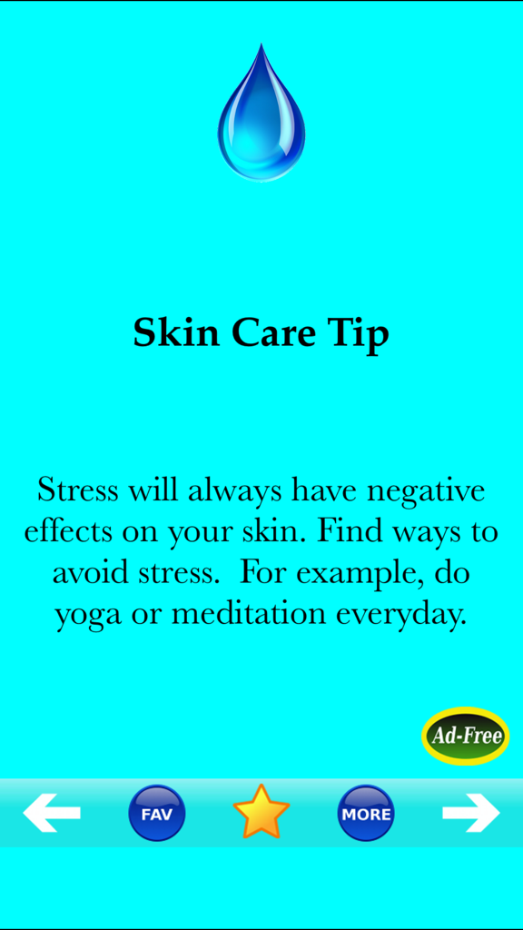 Beauty Tips Skin, Nail & Hair - Una pantalla de aplicación móvil que muestra un consejo de cuidado de la piel sobre cómo el estrés afecta la piel y recomienda yoga o meditación.