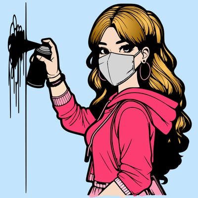 realistic girl with mask spray painting a wall