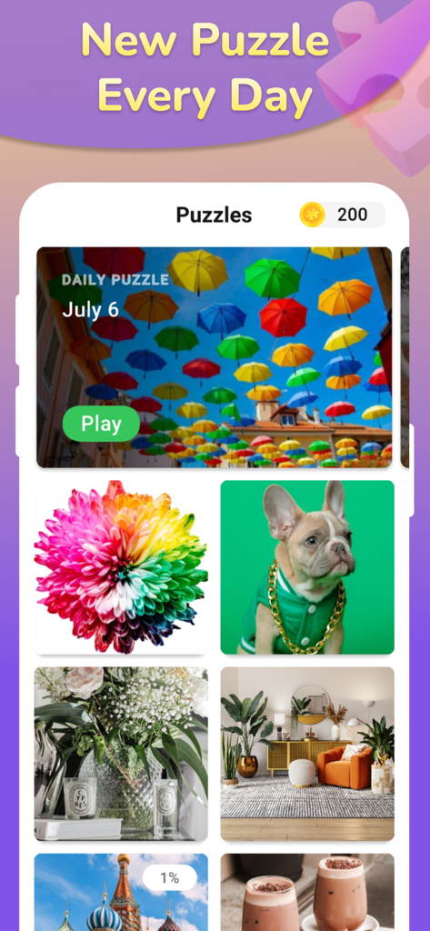 Daily jigsaw puzzle selection screen featuring colorful images of flowers, pets, and landscapes
