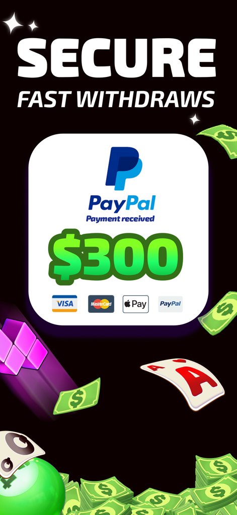 Cash Legends™: Win Real Money - Um gráfico promocional para Cash Legends mostrando uma notificação de pagamento do PayPal de 300 dólares com logotipos de pagamento seguro para Visa, Mastercard e Apple Pay.