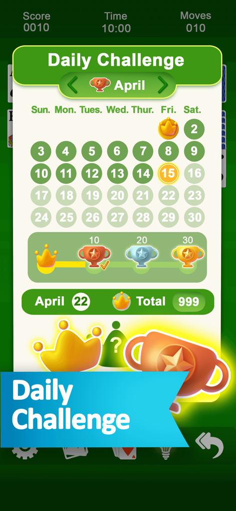 A calendar view showing the daily challenge progress and earned trophies in the Solitaire game