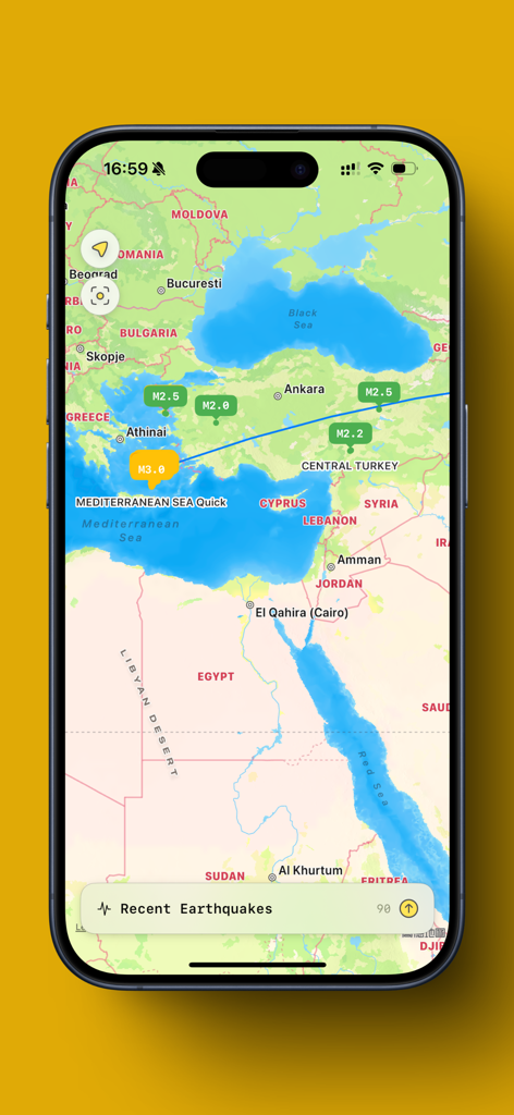 QuakeSense - Earthquake Alerts - Mapa de alerta de terremotos en la aplicación QuakeSense mostrando niveles de magnitud en el Mediterráneo