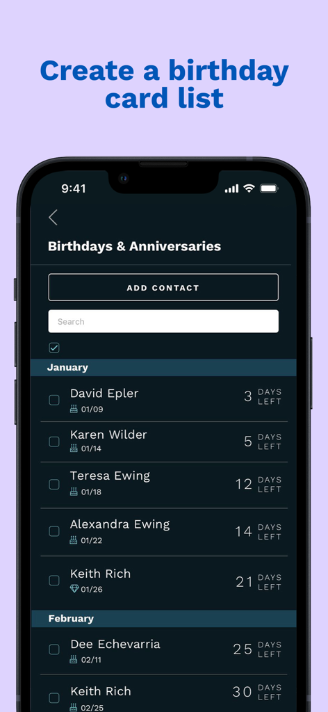 Felt: Greeting Cards & Gifts - A mobile interface showing a list of upcoming birthdays and anniversaries with a countdown of days left for each contact in the Felt app.