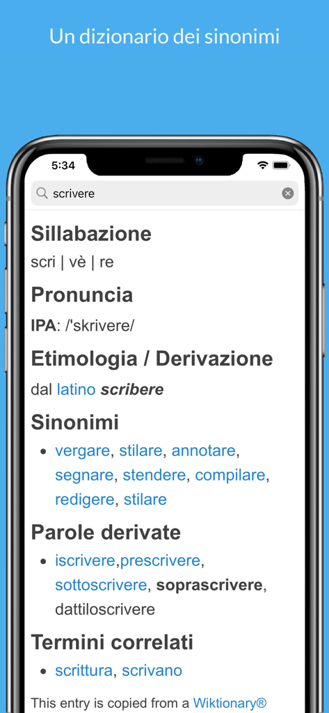 Dizionario Italiano e Sinonimi - Italian dictionary and synonyms app interface showing synonyms and etymology for the verb scrivere