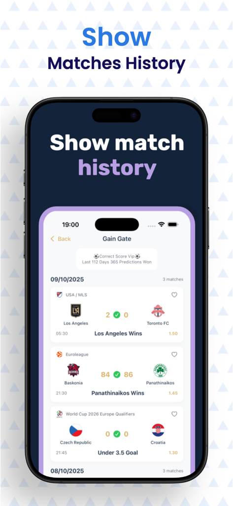Gaingate Prediction & Analysis - A mobile app screen showing a history of sports match results and predictions on Gaingate.