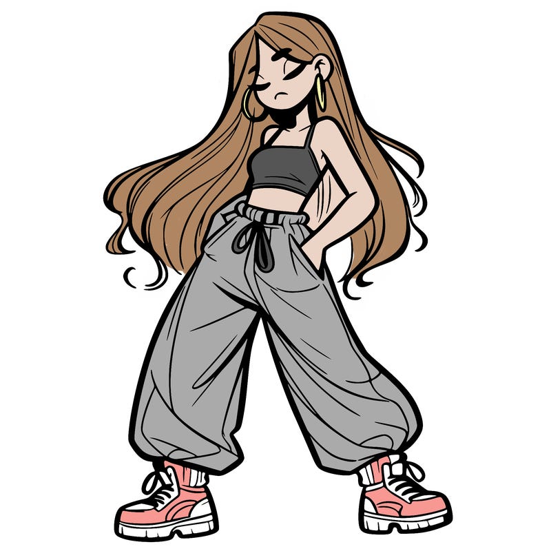 girl in baggy pants crop top and long hair