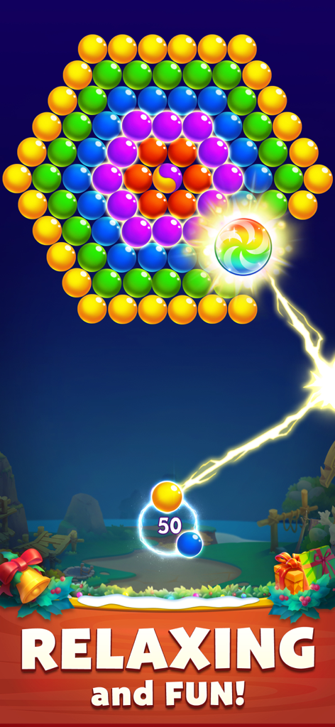 Bubble Viking Pop - A colorful bubble shooter level from Bubble Viking Pop with the text Relaxing and Fun