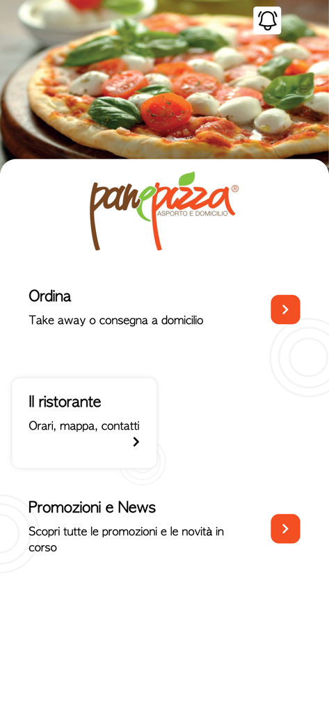 Pane Pizza mobile app home screen with options for ordering takeaway and delivery