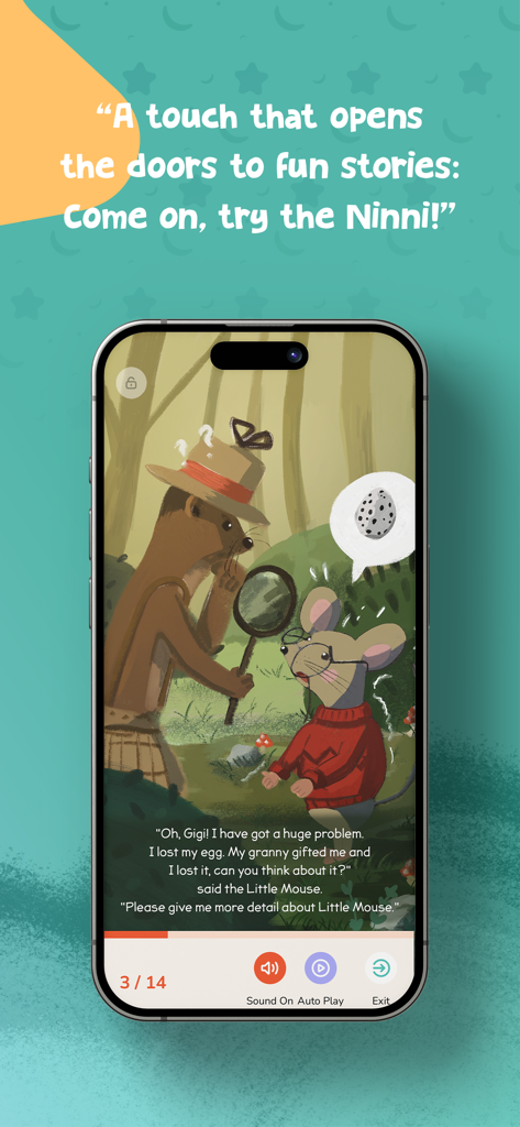 Kids Sleep Story Audio Book - Pantalla de cuento para dormir ilustrada de la aplicación Ninni mostrando personajes animales y diálogo