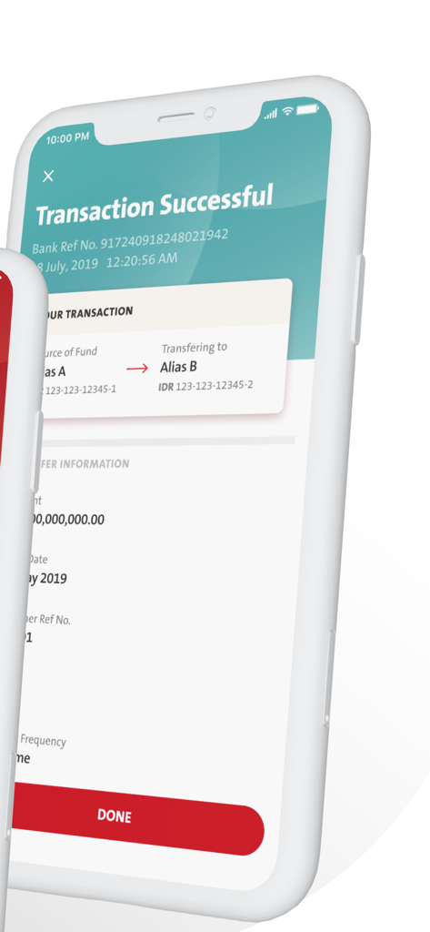 OCBC Business mobile Indonesia - Capture d'écran de l'application OCBC Business mobile Indonésie montrant une page de confirmation de transaction réussie avec le numéro de référence bancaire et les détails du transfert