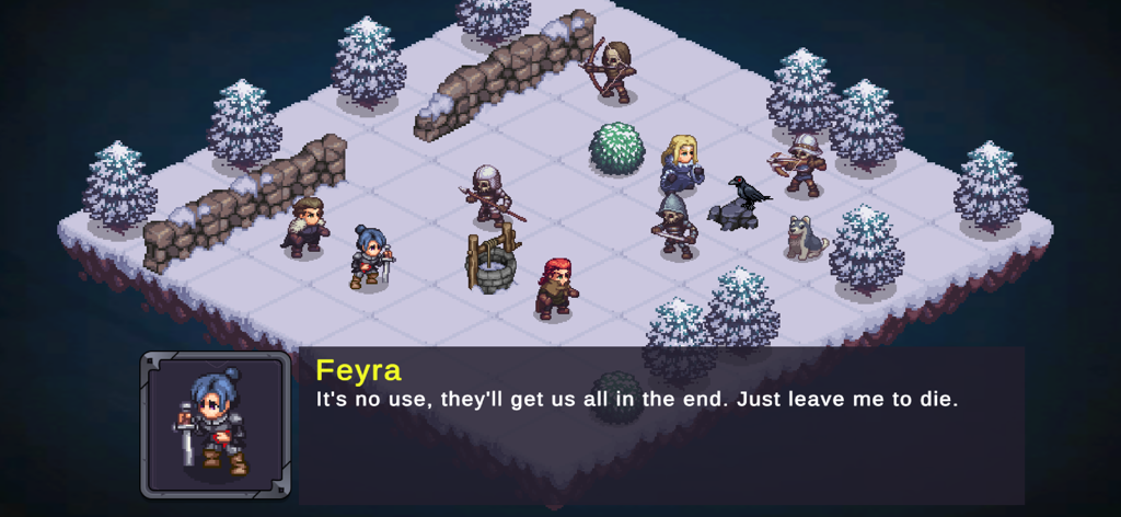 Tyrant's Blessing - Pixel art tactical RPG battle in Tyrant's Blessing with a dialogue box featuring Feyra in a snowy landscape