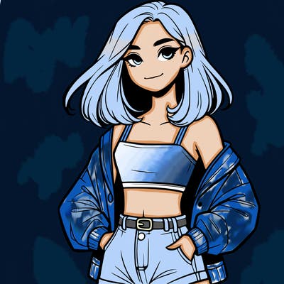 a realistic girl with a crop top and short shorts in an open jacket