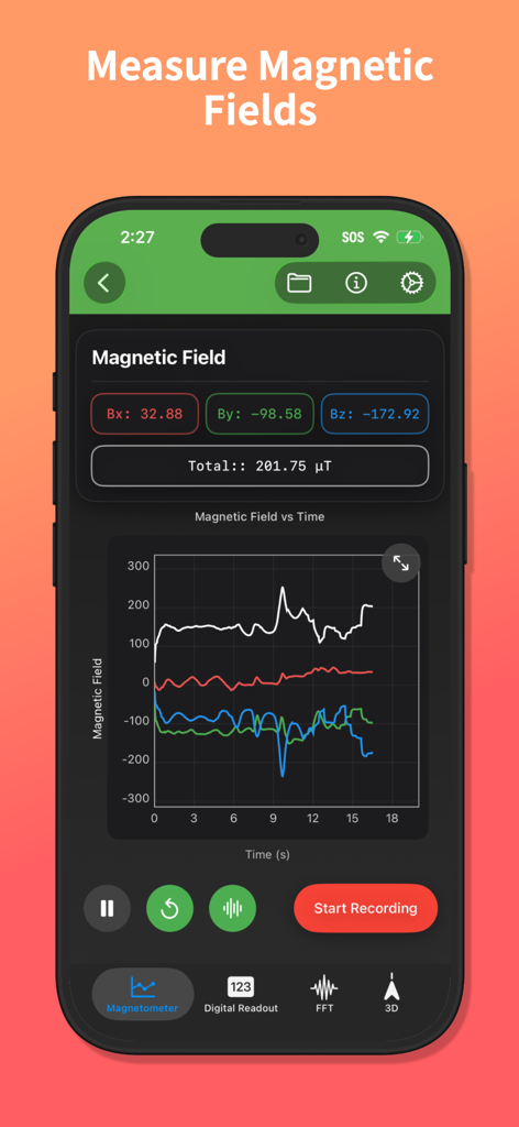 Physics Toolbox Sensor Suite - リアルタイムの磁場データとグラフを表示しているPhysics Toolbox Sensor Suiteアプリ
