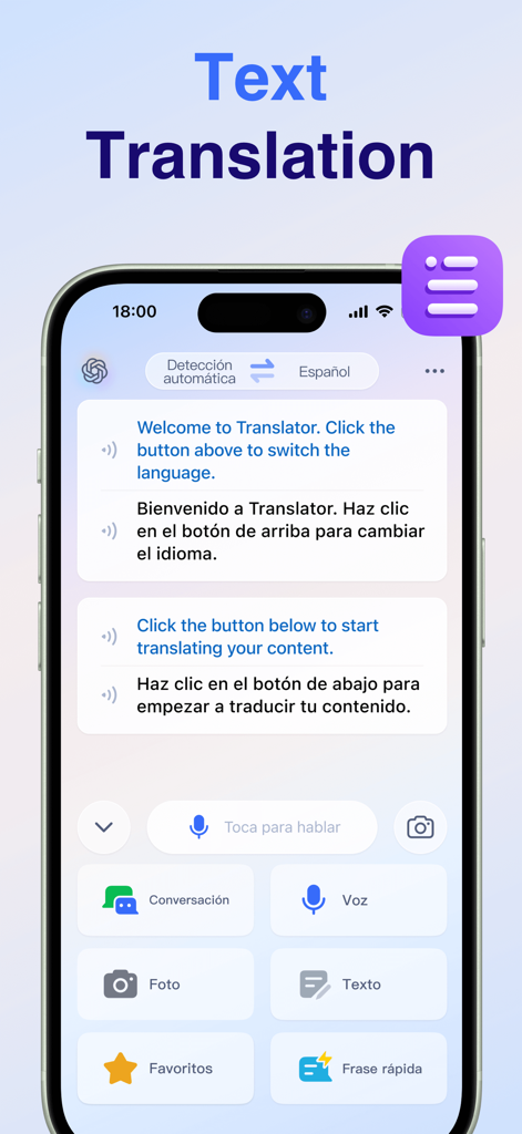 Voice Translate: AI Translator - Pantalla de smartphone mostrando la función de traducción de texto de la aplicación Voice Translate AI con selección de idiomas y herramientas de traducción de acceso rápido.