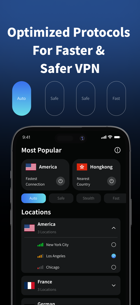 Outline VPN - Fast, Secure VPN - Outline VPN app screen showing optimized connection protocols like Auto and Safe along with a list of global server locations in the USA and Hong Kong