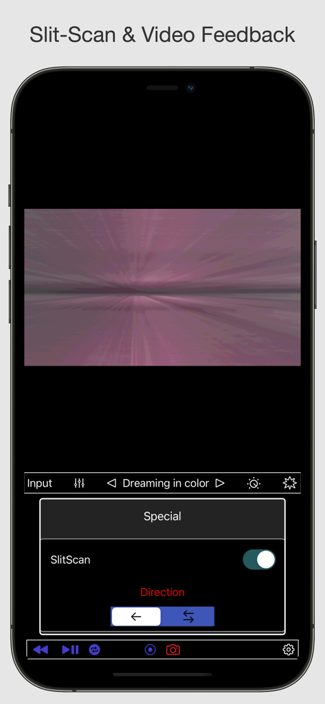 VideoSynth - VideoSynth mobile app interface featuring the slit-scan and video feedback controls with a purple glitch art preview