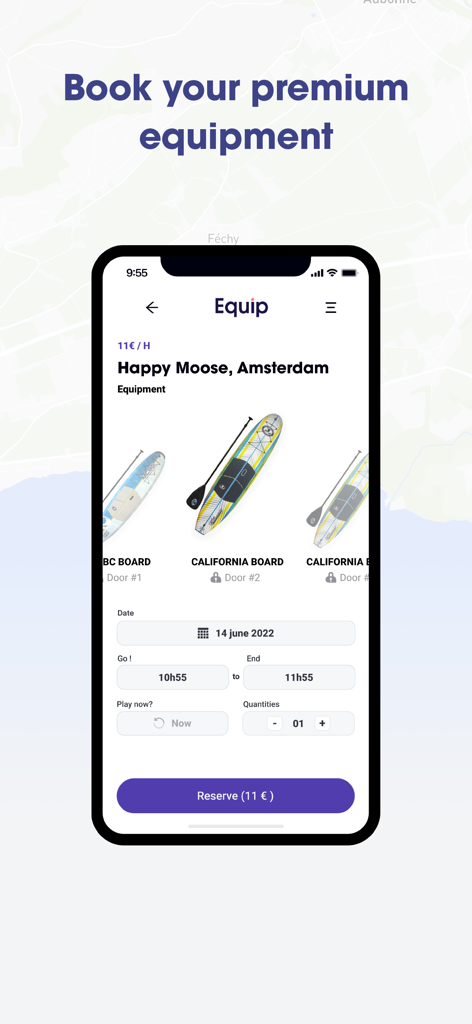 Equip Sport - Interfaccia dell'app Equip Sport per la prenotazione di attrezzatura premium per paddleboard.