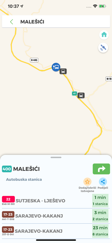 Heures d'arrivée des bus en temps réel et interface cartographique sur l'application de transport Centrocard.