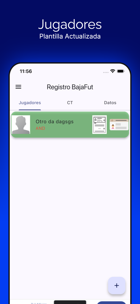 Uno screenshot dell'app Registro BF che mostra un profilo giocatore con documenti d'identità digitali nella sezione Jugadores.