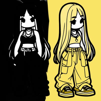 girl in baggy pants crop top and long hair