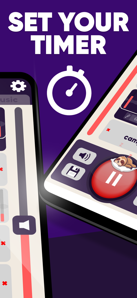 Fan App - Sleep Aid - Interface of the Fan App Sleep Aid highlighting the sleep timer feature with a sleeping sloth icon